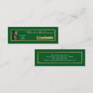 Cartão De Visita Mini Verde de Foto do Formando de Texto Dourado Elegant
