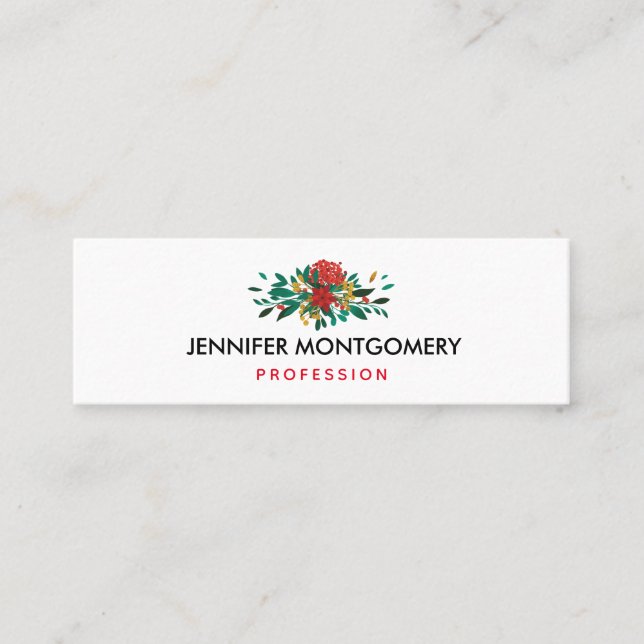 Cartão De Visita Mini Verde Vermelho Moderno e Dourado Natal Floral (Frente)