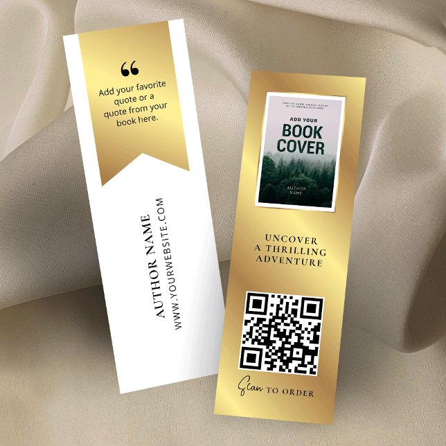 Cartão De Visita Mini Versão do Livro Código QR MINI Faux Cartão de Indi (Modern book promotion cards with gold effects and scannable QR code and book cover image)