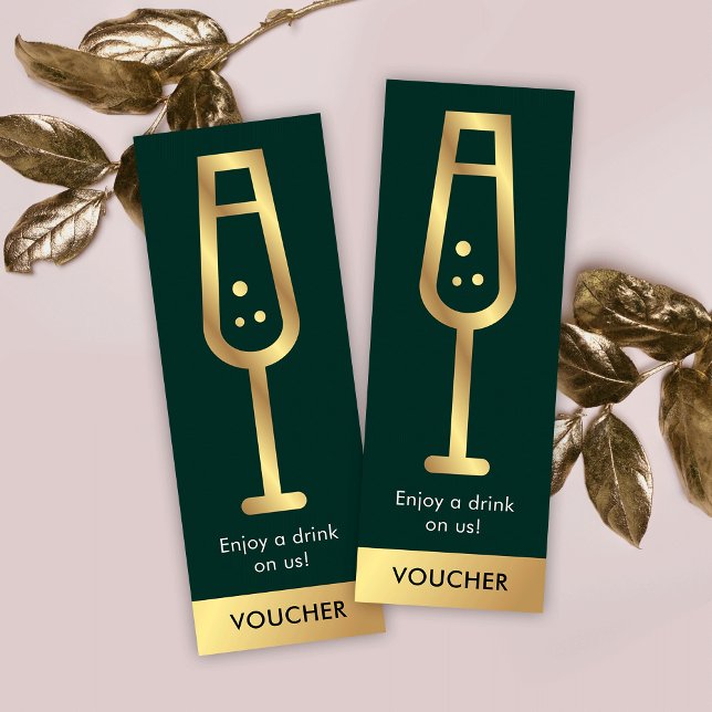 Cartão De Visita Mini Voucher com Elegante de Evento Elegante e Dourado (Green and gold free drink voucher tickets with space for your logo and brand details)