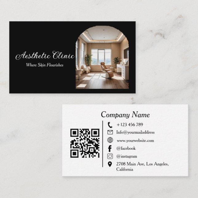 Cartão De Visita Minimal Arch Aesthetic Clinic QR Code Black White (Frente/Verso)