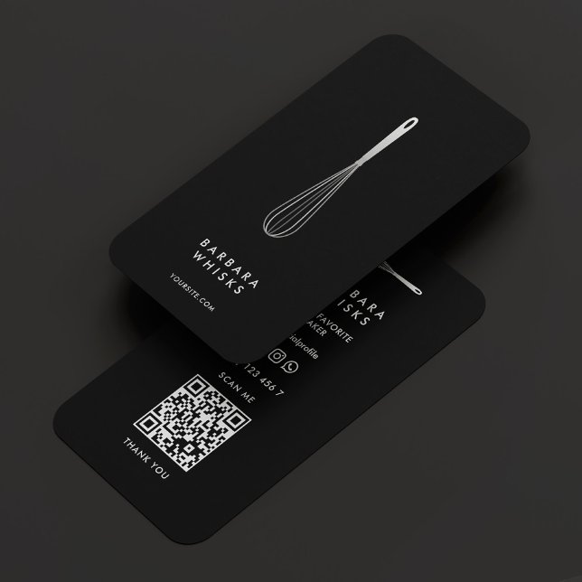 Cartão De Visita Minimal Baker Pastry Caterer Black Silver Whisk  (Criador carregado)
