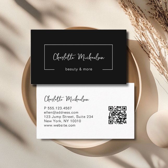 Cartão De Visita Minimal Handwriting Black QR Code (Minimal Handwriting Black QR Code Business Card)