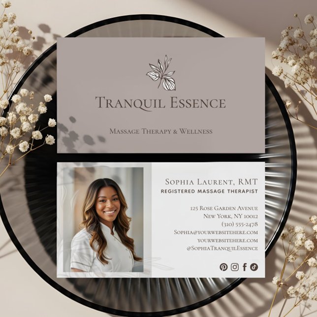 Cartão De Visita Minimal Leaf Registered Massage Therapist Photo  (Minimal Leaf Registered Massage Therapist Photo Business Card)