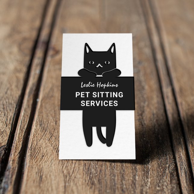 Cartão De Visita Minimal Modern Pet Sitting Services | Black Cat (Criador carregado)