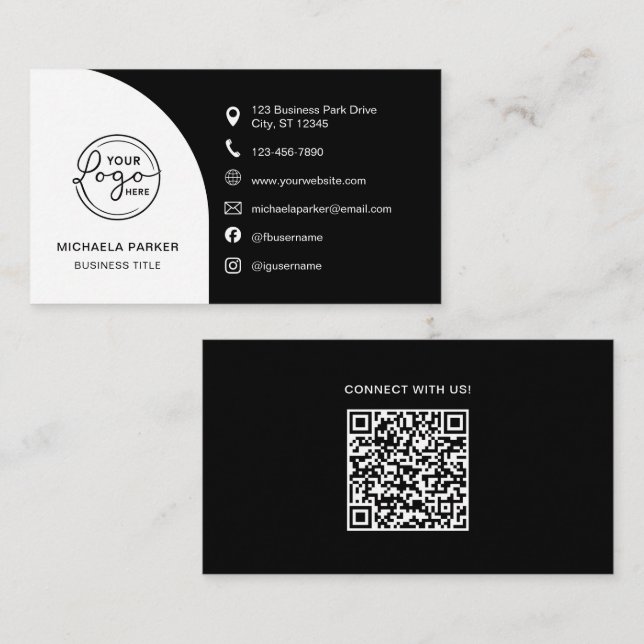 Cartão De Visita Minimal Professional Custom Logo QR Code Black (Frente/Verso)