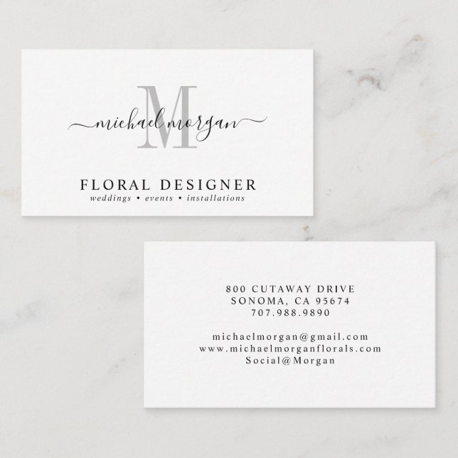 Cartão De Visita Minimal Script Monogram Floral Designer (Frente/Verso)