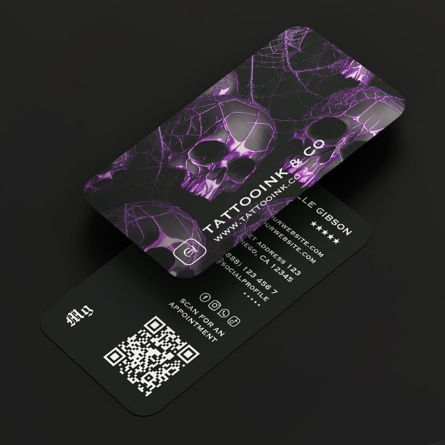 Cartão De Visita Minimal Tattoo Artist Goth Skull Purple Tattooist  (Minimal Tattoo Artist Goth Skull Purple Tattooist Business Card
)