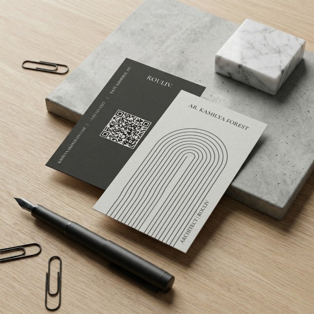 Cartão De Visita Minimalist Architectural Arch with QR Code (Minimalist Architectural Arch Business Card with QR Code | Stone Grey & Charcoal Quiet Luxury)