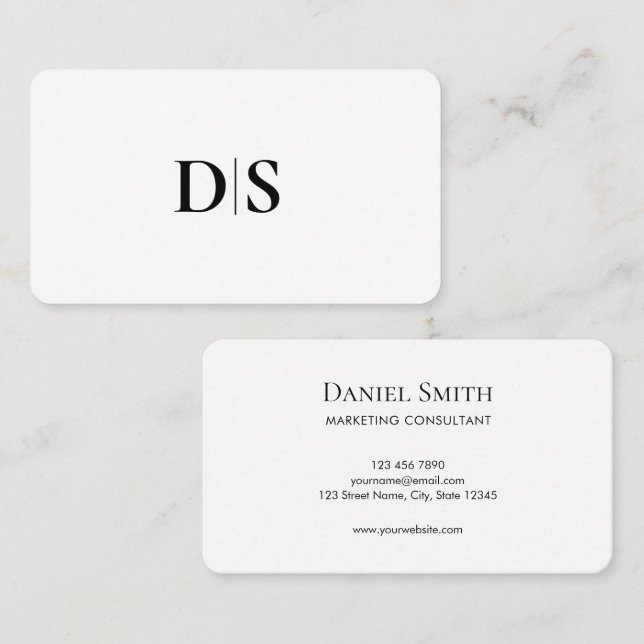 Cartão De Visita Minimalist Elegant Black on White Monogram Initial (Frente/Verso)