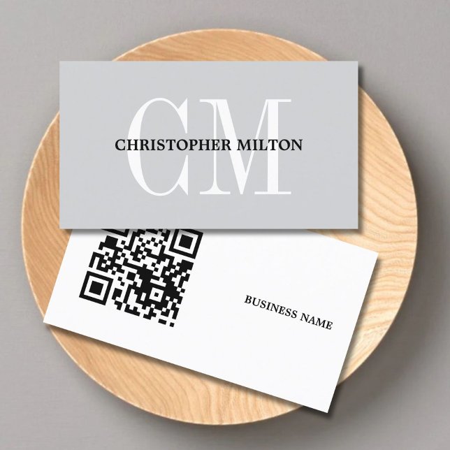 Cartão De Visita Minimalist Grey Bold Monogram QR code Consultant (Criador carregado)