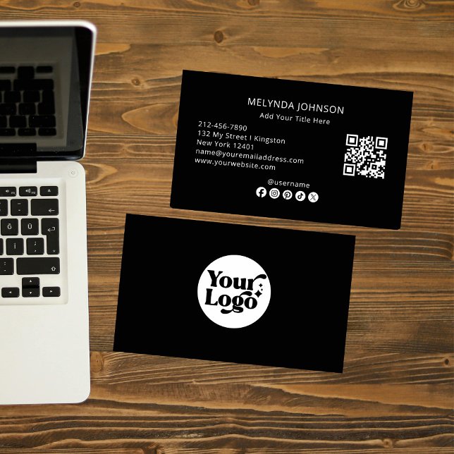 Cartão De Visita Minimalist Modern Black QR Code Social Media (Criador carregado)