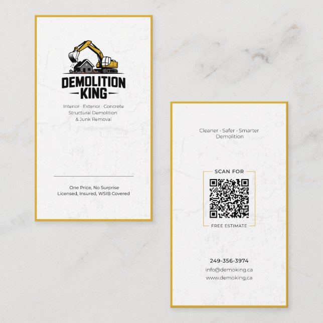 Cartão De Visita Minimalist Modern Demolition King Business Card (Frente/Verso)