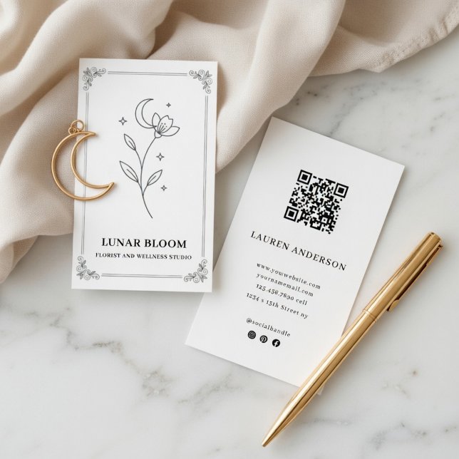 Cartão De Visita Minimalist Moon Flower Florist Card with QR Code (Criador carregado)