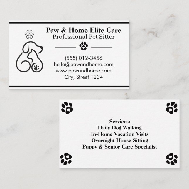 Cartão De Visita Minimalist Pet Sitter Business Card | Professional (Frente/Verso)