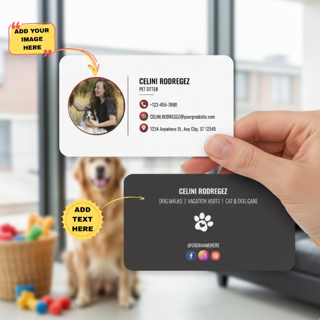 Cartão De Visita Minimalist Pet Sitting Paw Print Photo and Social  (Minimalist Pet Sitting Paw Print Photo and Social Media Business Card)