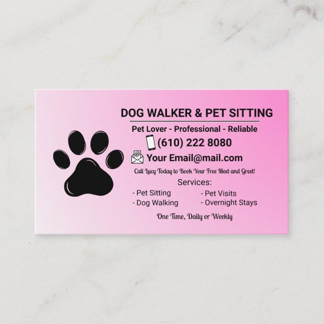 Cartão De Visita Minimalist Pink Pet Sitter Dog Walker (Frente)