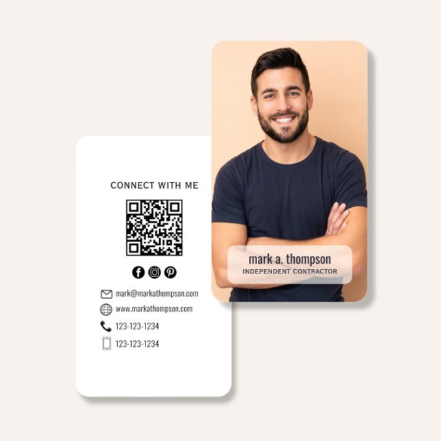 Cartão De Visita Minimalist QR Code Photo Connect Modern White (Minimalist white QR code business card with photo and clean modern black typography)