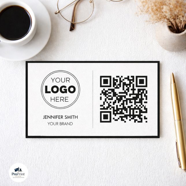 Cartão De Visita Minimalist QR Code Professional Design (Modern business card on texture with logo, QR code, coffee, glasses, and gold pen.)
