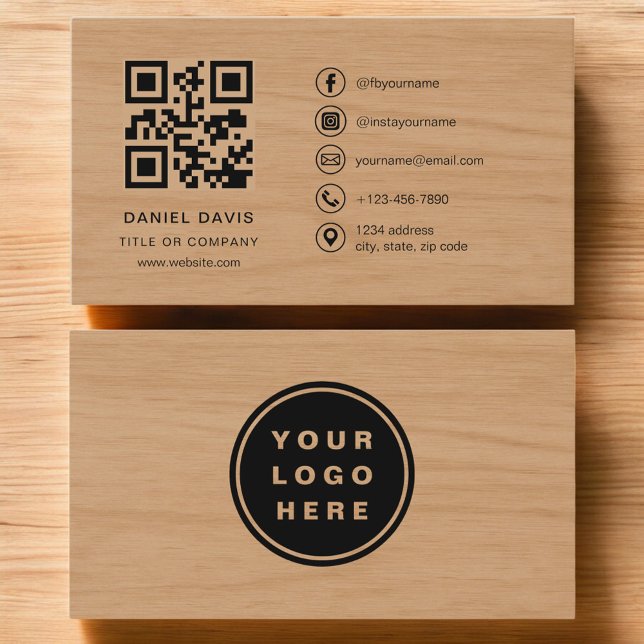 Cartão De Visita Minimalist Wood Professional Company Logo QR Code  (Criador carregado)