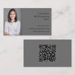 Cartão De Visita Minimalista Profissional QR Foto Cinza Escuro Bási
