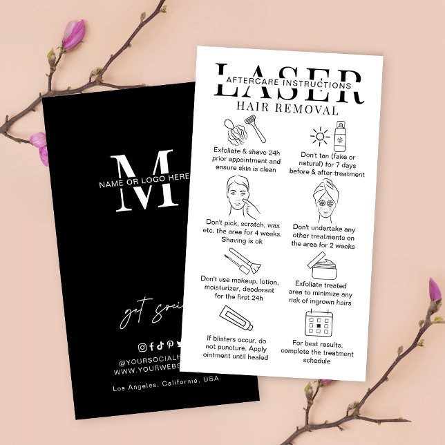 Cartão De Visita Minimização das instruções de remoção do cabelo do (Laser hair removal aftercare cards in minimalist black & white design)