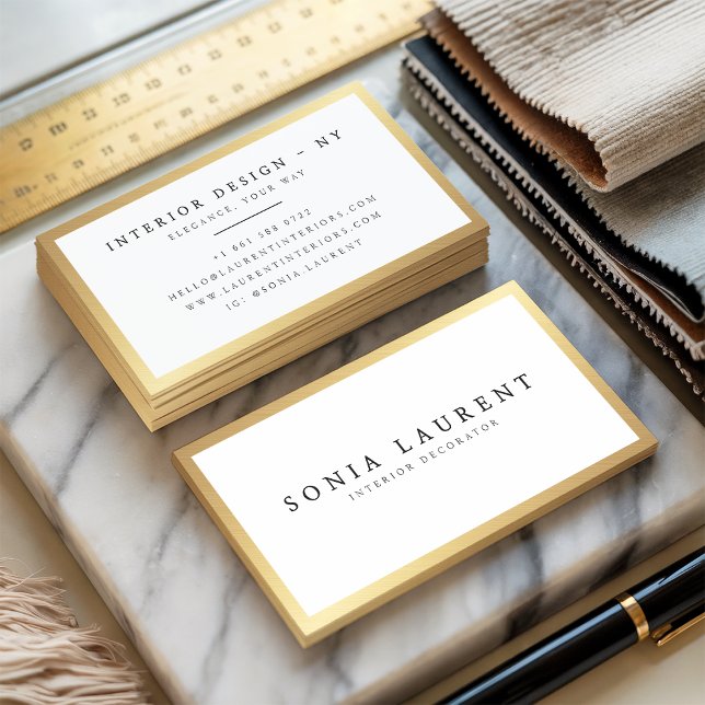 Cartão De Visita Mínimo branco de quadro metálico de ouro cônico el (Elegant chic gold metallic frame minimalist white)