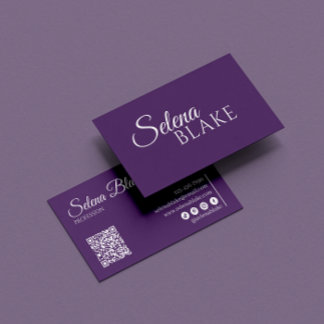 Cartão De Visita Mínimo branco e roxo | Código QR moderno