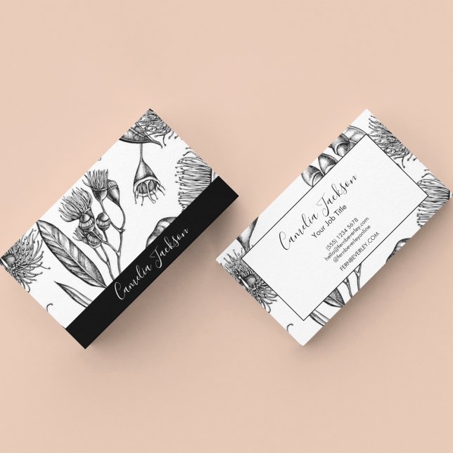 Cartão De Visita Mínimo de Flores Chic Black & White Professional (Criador carregado)