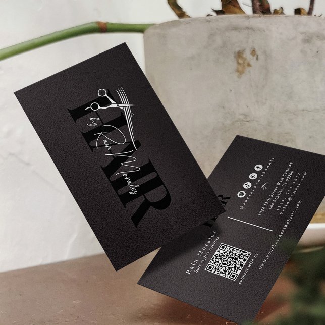 Cartão De Visita Mínimo de Hairstylist de Tesouras Pretas/Brancas (Criador carregado)
