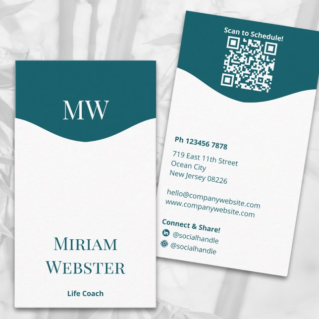 Cartão De Visita Mínimo de Iniciais Brancos Retratáveis Pessoais (Minimal Teal White Initials Portrait Personal Business Card)