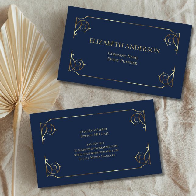 Cartão De Visita Mínimo de rolagem Dourada azul Elegante (Blue Gold Scroll Minimal Professional Elegant Front Back Business Card)