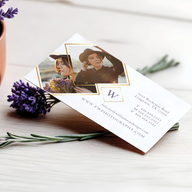 Cartão De Visita Mínimo Dourado quadro geométrico de fotos e monogr (Minimal Gold Geometric Photo Frame & Monogram Business Card)