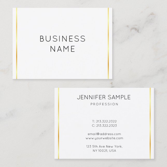 Cartão De Visita Mínimo Elegante Dourado Branco corporativo (Frente/Verso)