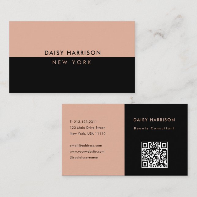 Cartão De Visita Mínimo moderno Código QR simples preto e rosa (Frente/Verso)