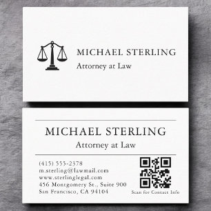 Cartão De Visita Mínimo White Black Attorney da Lei Código QR