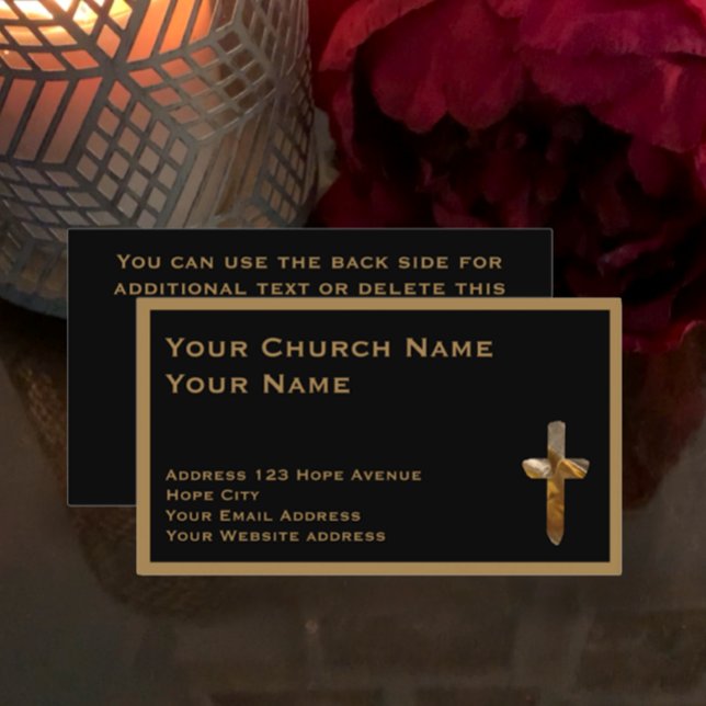 Cartão De Visita Ministro da Igreja Cristã Tan Black Na moda Cross (Create your personalized minister, pastor, church business card. Tan on Black with gold modern cross)
