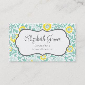 Cartão De Visita Mint Aqua e Yellow Retro Floral Damask