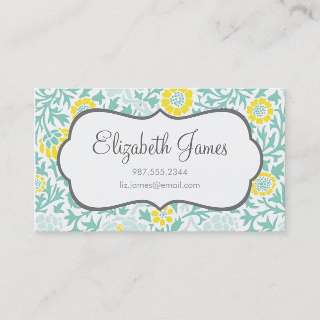 Cartão De Visita Mint Aqua e Yellow Retro Floral Damask (Frente)
