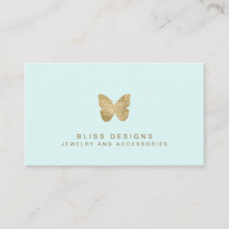 Cartão De Visita Mint Green Gold Foil Butterfly Simples