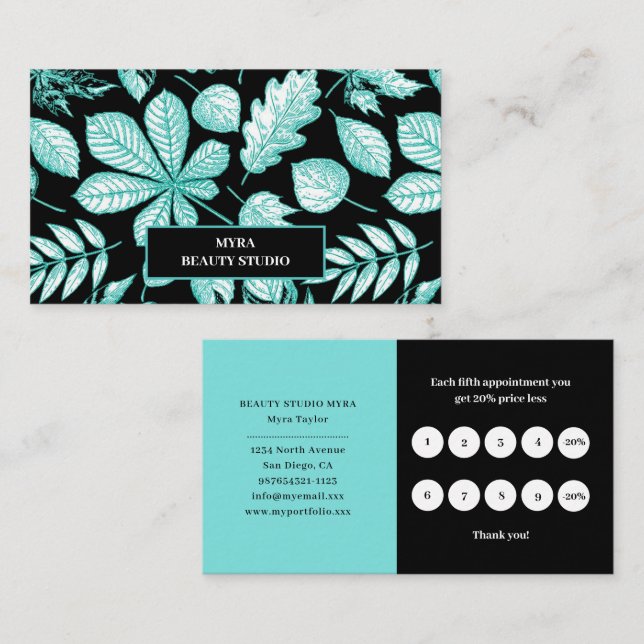 Cartão De Visita Mint Green Leafy Monogram Name Business Card (Frente/Verso)