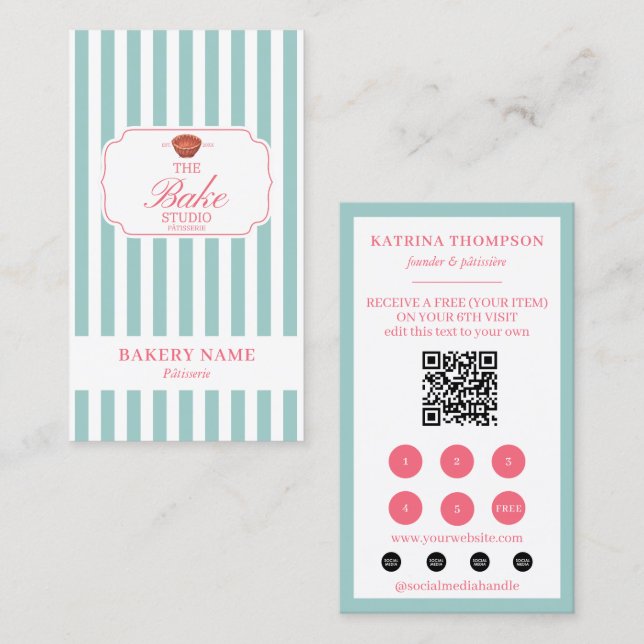 Cartão De Visita Mint Green Pink Stripes Bakery Logo Loyalty Punch (Frente/Verso)