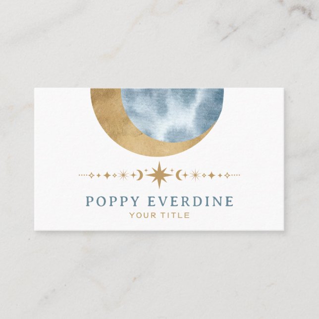 Cartão De Visita Mística Lua Azul Dourada Estrelas Astrologia Yoga (Frente)