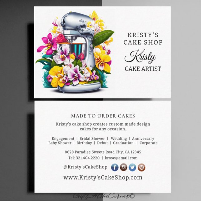 Cartão De Visita Misturador de Bolo Elegante Padaria Orquídeas Rosa (Criador carregado)