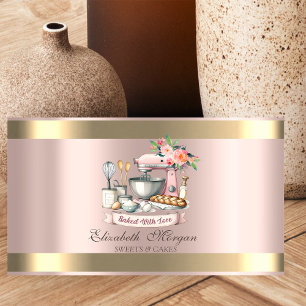 Cartão De Visita Misturador de Padaria Floral Dourado Rosa