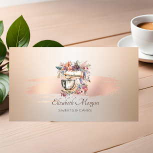 Cartão De Visita Misturador Floral Rosa Dourado Pincelada Padaria