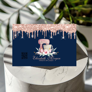 Cartão De Visita Mixer Floral Rosa Dourado Drives QR Marinho de Cód