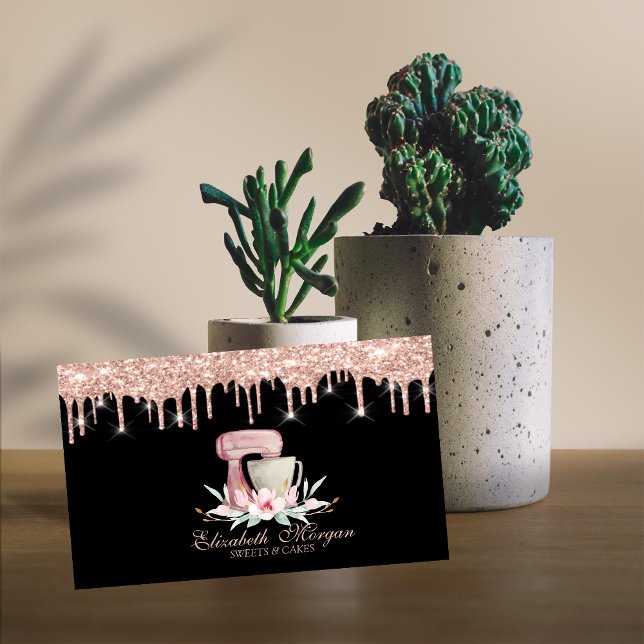 Cartão De Visita Mixer Flores Rosa Unidades Douradas Preto Seu Logo (Criador carregado)