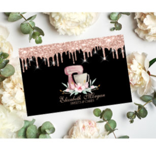 Cartão De Visita Mixer Flowers Rosa Dourado Drives Bakery Preto