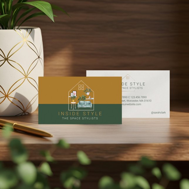 Cartão De Visita Mobiliário Na moda de decoração Preparando verde e (Furniture Decor Stylish Home Staging Green & Gold Business Card)